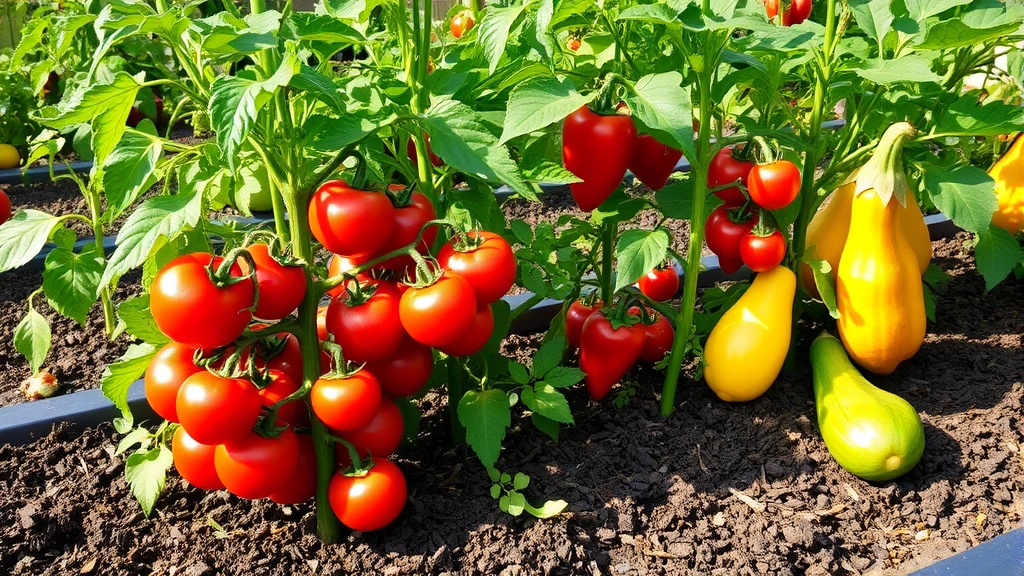 Warm-season vegetable garden with ripe tomatoes, peppers, and squash plants thriving in raised beds with mulch, morning sunlight