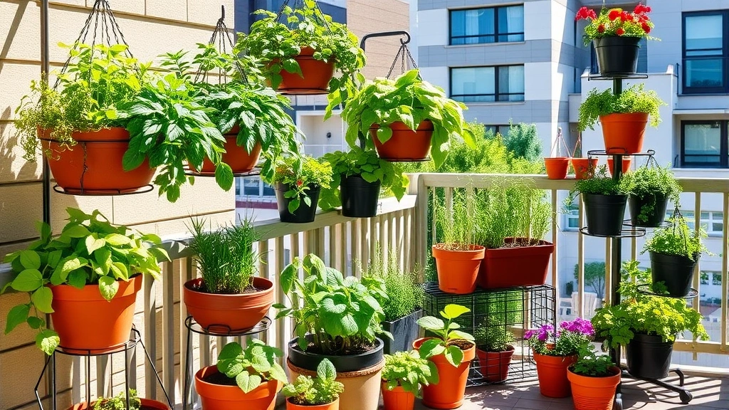 Container gardens on a sunny patio with hanging baskets of herbs, potted vegetables, flowering plants, and tiered plant stands creating vertical growing space in urban setting
