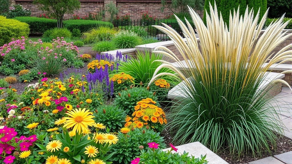 Beautiful autumn garden scene with flowering perennials, ornamental grasses showing seasonal color, and hardscape seating area overlooking planted beds in Southern California coastal garden