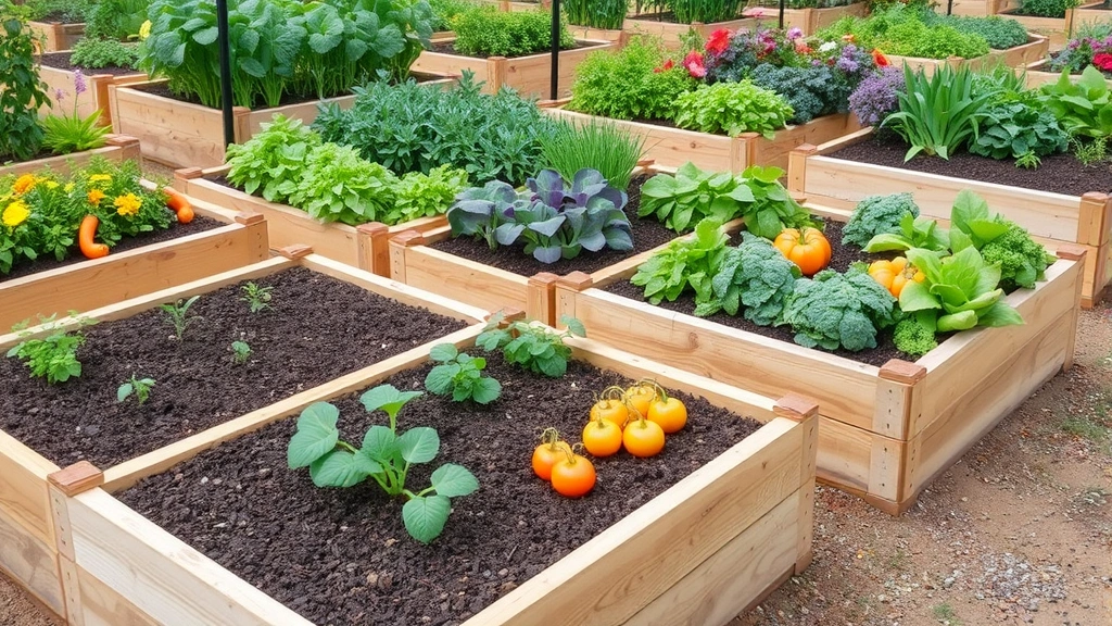 Raised garden beds filled with colorful vegetables and herbs, wood-framed beds with rich dark soil, mature plants and fresh harvests visible, neat organized commercial garden space