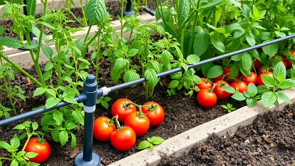 Drip irrigation system installed in a lush vegetable garden bed with tomatoes, herbs, and green plants thriving in Orange County's Mediterranean climate