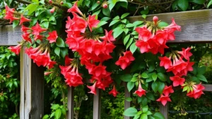 Vibrant honeysuckle vines with coral trumpet-shaped flowers climbing over a rustic wooden trellis, lush green foliage surrounding the blooms, natural garden setting