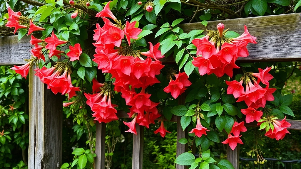 Vibrant honeysuckle vines with coral trumpet-shaped flowers climbing over a rustic wooden trellis, lush green foliage surrounding the blooms, natural garden setting