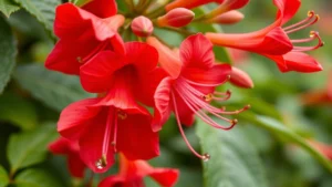 Close-up of vibrant red trumpet honeysuckle flowers with delicate tubular blooms and green foliage, showing intricate stamen details and fresh morning dew droplets