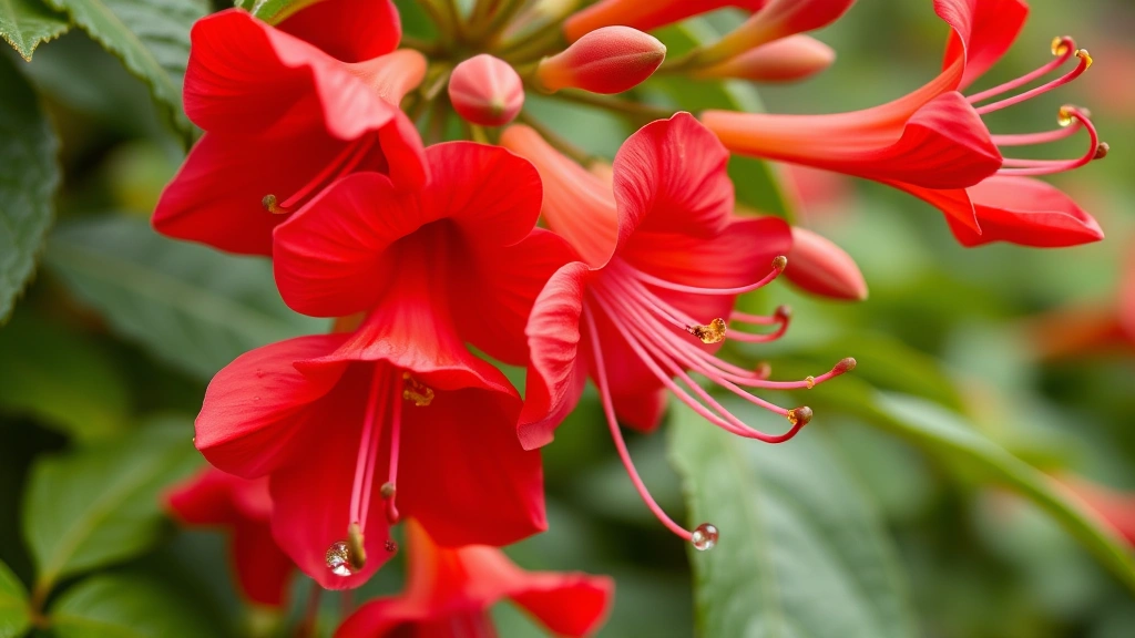 Close-up of vibrant red trumpet honeysuckle flowers with delicate tubular blooms and green foliage, showing intricate stamen details and fresh morning dew droplets