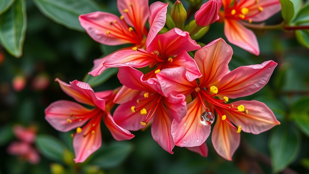 Close-up of vibrant honeysuckle flowers in pink, red, and yellow tones with lush green foliage and morning dew droplets on petals