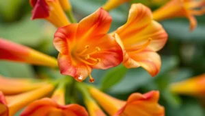 Close-up of vibrant trumpet-shaped honeysuckle flowers in coral-red and yellow colors with delicate stamens, morning dewdrops on petals, green leaves blurred in background