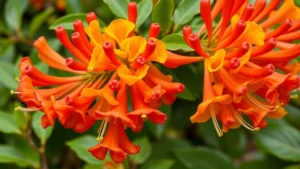 Vibrant tubular honeysuckle flowers in red-orange and yellow clustered on green foliage, close-up detail showing trumpet-shaped blooms and stamens