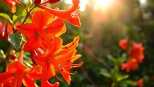 Close-up of vibrant red-orange trumpet honeysuckle flowers with delicate tubular petals and visible stamens, green foliage in soft focus background, morning sunlight