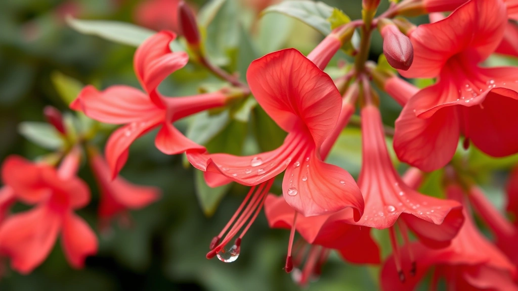 Close-up of vibrant coral and red trumpet-shaped honeysuckle flowers with green foliage, morning dew droplets on petals, natural garden background with soft focus