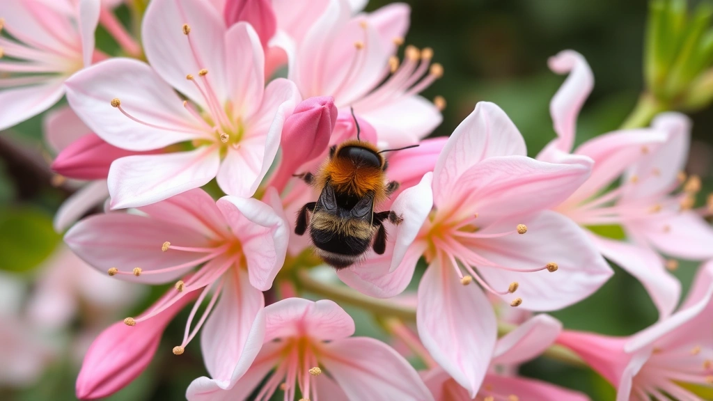 Close-up of delicate honeysuckle flowers in pink and white tones with visible stamens, bumblebee collecting nectar from open blooms, soft garden background