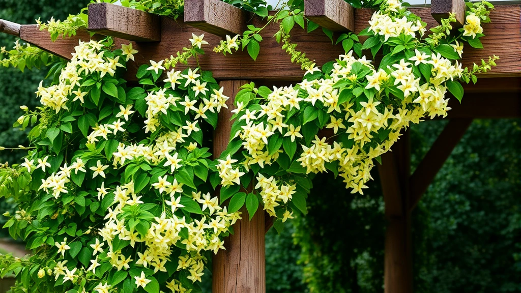 Mature honeysuckle vines trained along a rustic wooden garden arbor structure, displaying dense green foliage with clusters of fragrant white and yellow flowers in full bloom