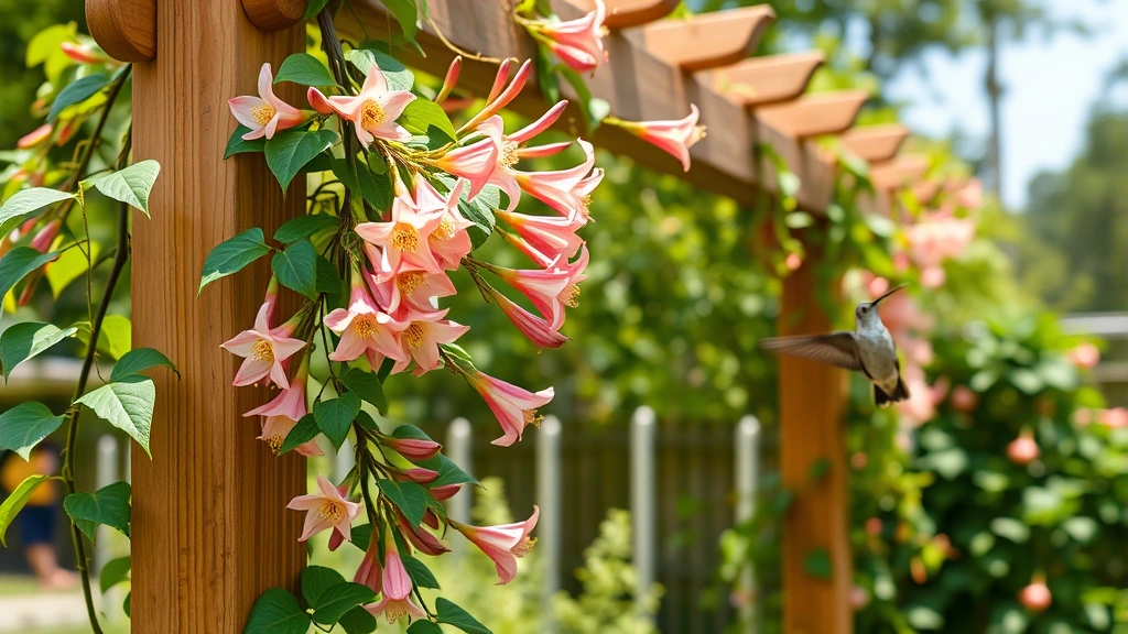 Climbing honeysuckle vine trained on wooden trellis in full bloom with hummingbird hovering near tubular flowers in sunny garden setting