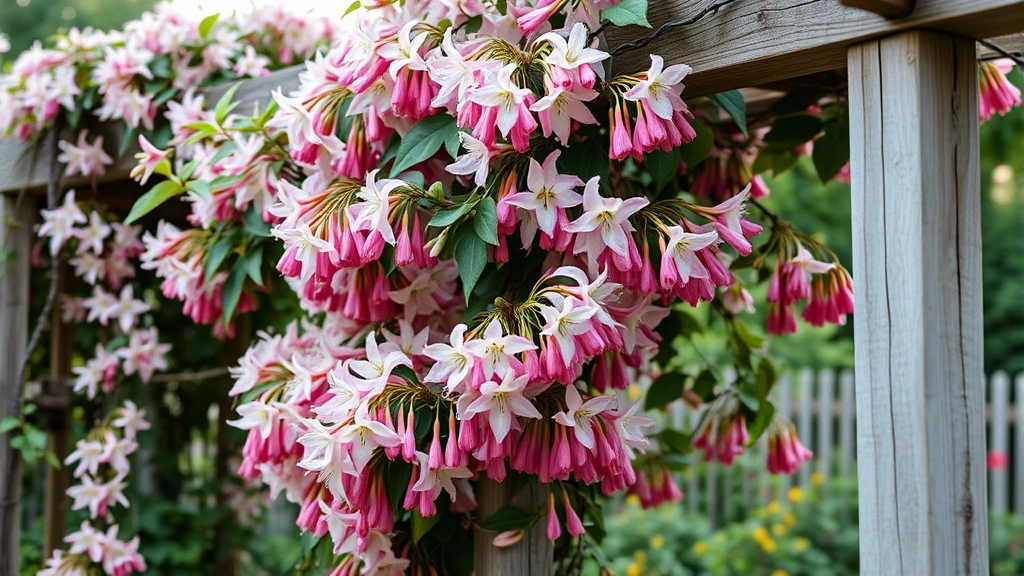 Climbing honeysuckle vine densely covering a wooden arbor structure with abundant tubular pink and cream flowers in full bloom, garden setting with soft natural light