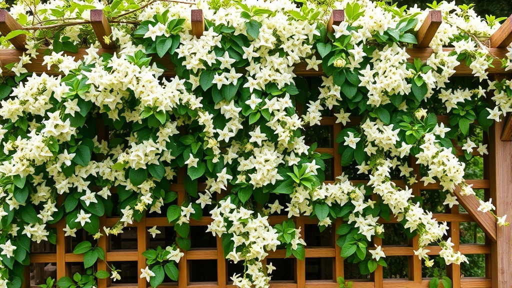 Honeysuckle vine densely covering a wooden trellis structure with abundant white and cream flowers interspersed throughout climbing stems and leaves