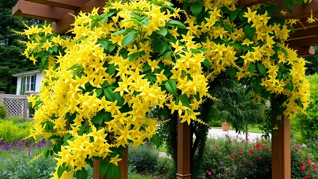 Honeysuckle vine densely covering wooden trellis or arbor with abundant cream and golden yellow fragrant flowers, lush green leaves, garden setting with perennials nearby