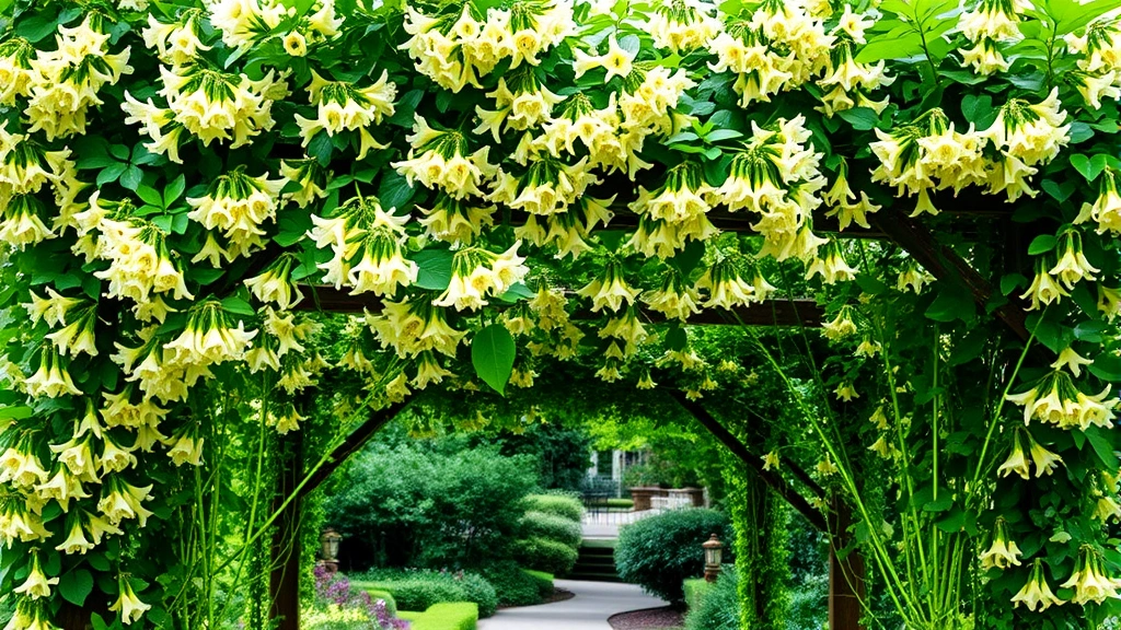 Lush honeysuckle vine densely covering a wooden arbor or trellis structure, abundant white and yellow tubular flowers throughout the canopy, garden pathway visible below
