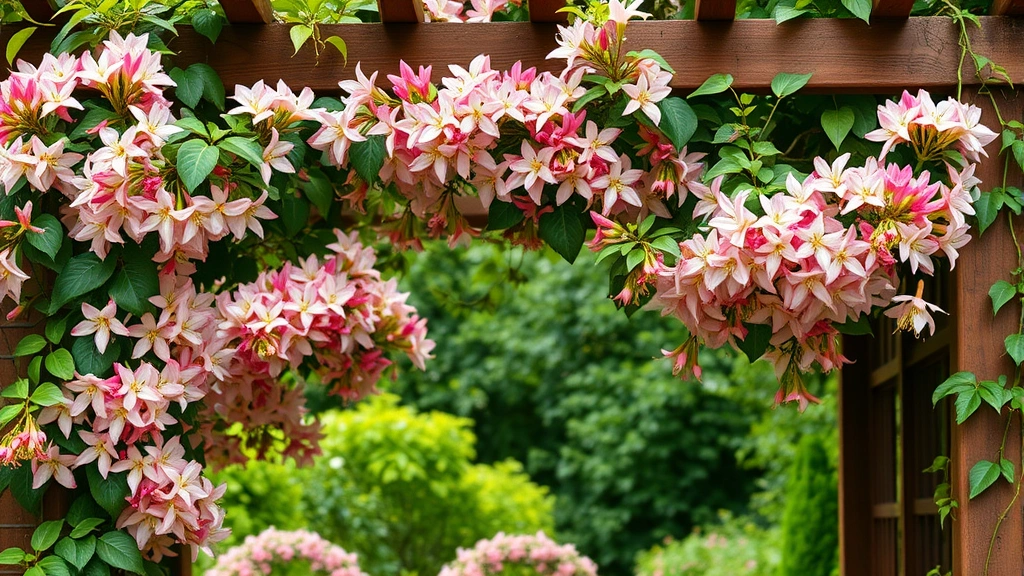 Mature honeysuckle vine trained on wooden arbor with abundant pink and cream bicolor flowers in full bloom, creating fragrant garden archway with lush green foliage