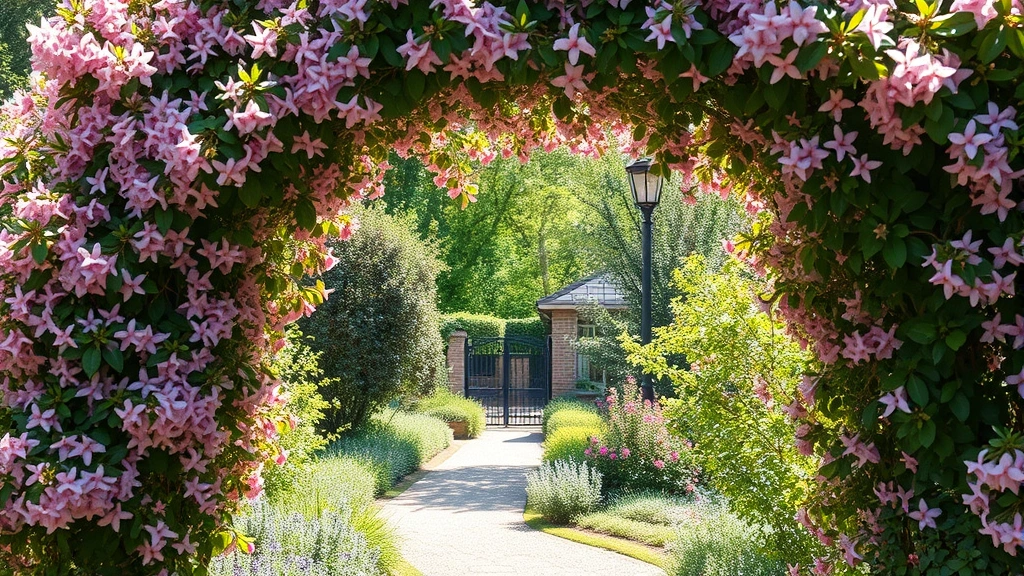 Mature honeysuckle vine creating a natural archway over a garden pathway, dense flowering coverage, dappled sunlight filtering through blooms, inviting garden atmosphere