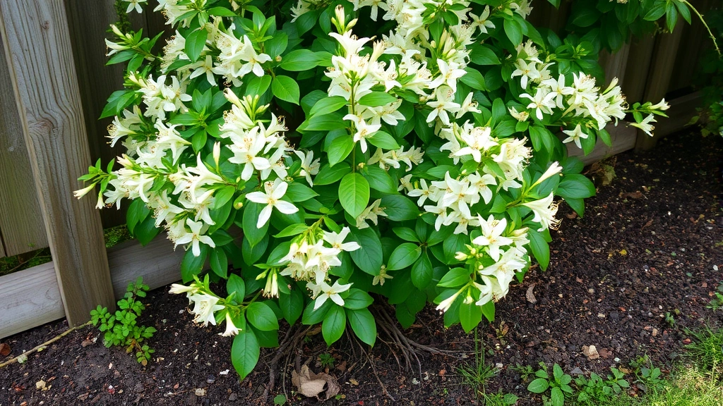 Healthy mature honeysuckle plant with dense foliage and abundant flowering clusters growing along garden fence with established root system visible in rich soil