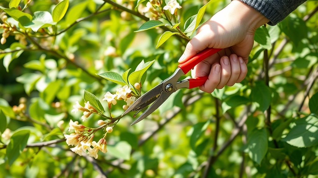 Gardener hands pruning mature honeysuckle vine with pruning shears, showing healthy green foliage and flowering branches, clear daylight revealing plant structure and growth