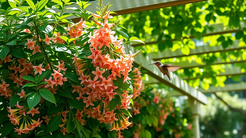Mature honeysuckle plant trained as living screen on arbor with hummingbird hovering near blooms, lush green canopy with dappled sunlight