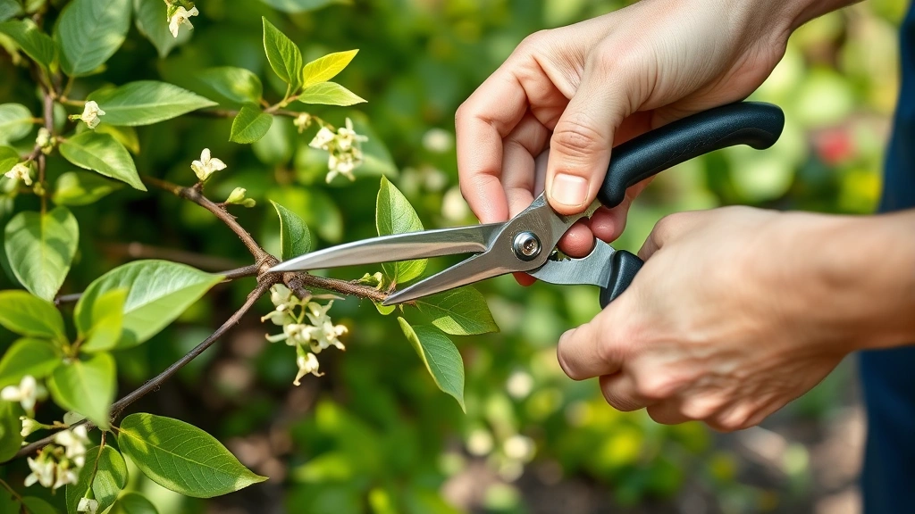 Gardener's hands pruning established honeysuckle vine with secateurs, showing proper technique near branch junction, healthy green growth visible, natural garden lighting