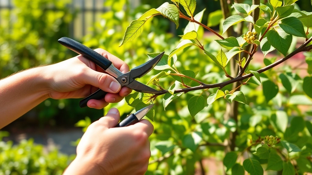 Gardener's hands pruning honeysuckle vine with bypass pruners, showing proper technique with healthy green stems and leaves, sunlit garden setting in background
