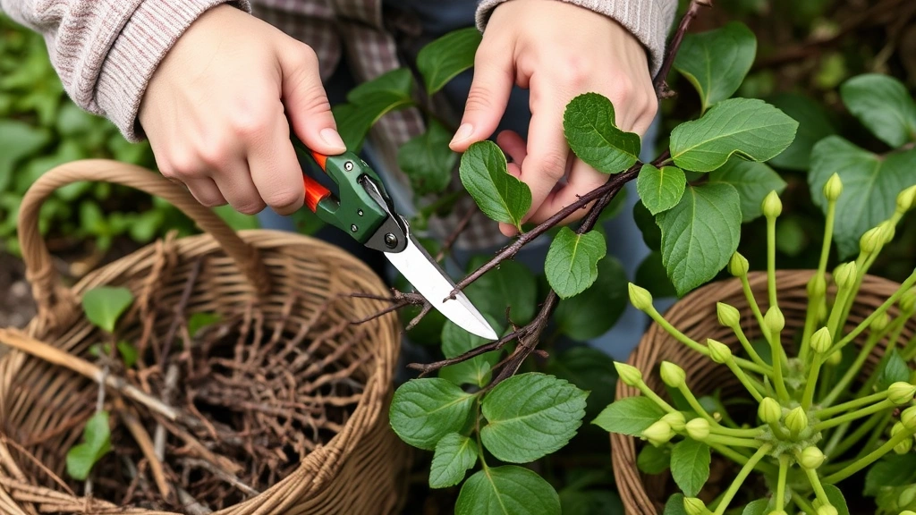 Gardener's hands pruning honeysuckle vine with sharp bypass pruners, removing dead wood and shaping growth, with basket of pruned stems nearby and healthy green shoots visible