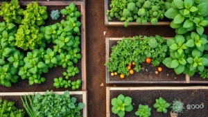 Overhead view of organized raised garden beds with diverse vegetables, lush green foliage, rich dark soil, and wooden borders, natural daylight