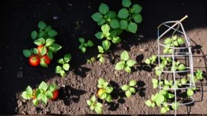 Overhead view of a well-organized raised garden bed with young tomato plants, herb seedlings, and pea trellises growing in rich dark soil, sunlight casting natural shadows across the garden