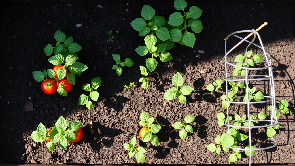 Overhead view of a well-organized raised garden bed with young tomato plants, herb seedlings, and pea trellises growing in rich dark soil, sunlight casting natural shadows across the garden
