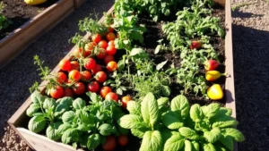 Raised garden bed with mixed vegetables including tomatoes, peppers, and herbs in organized rows, morning sunlight, rich dark soil visible, neat mulched pathways