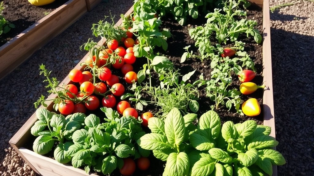 Raised garden bed with mixed vegetables including tomatoes, peppers, and herbs in organized rows, morning sunlight, rich dark soil visible, neat mulched pathways