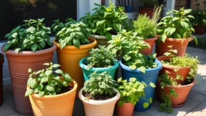 Multiple colorful containers of varying sizes arranged on a patio filled with thriving herbs basil mint oregano and leafy greens with morning sunlight