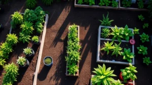 Overhead view of a well-organized mog garden with raised beds and container plants arranged in rows, morning sunlight casting shadows, soil and mulch visible, lush green foliage