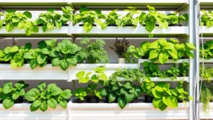 Vertical garden system with modular growing units displaying multiple leafy greens and herbs in organized tiers, morning sunlight illuminating healthy foliage, drip irrigation lines visible
