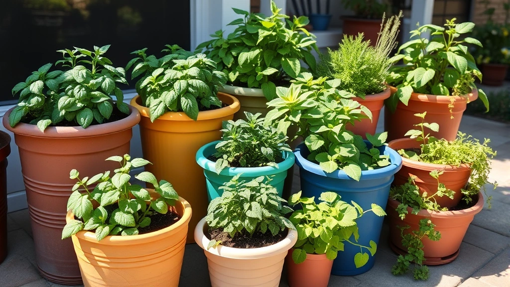 Multiple colorful containers of varying sizes arranged on a patio filled with thriving herbs basil mint oregano and leafy greens with morning sunlight