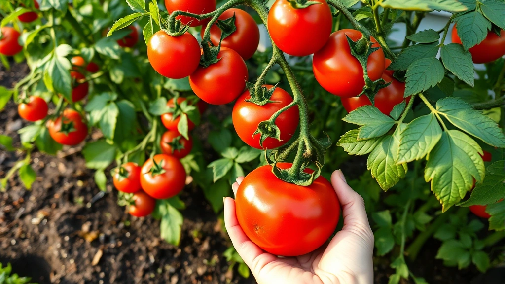 Close-up of healthy tomato plants with vibrant red fruits, green leaves, soil at base, gardener's hand holding ripe tomato, morning light