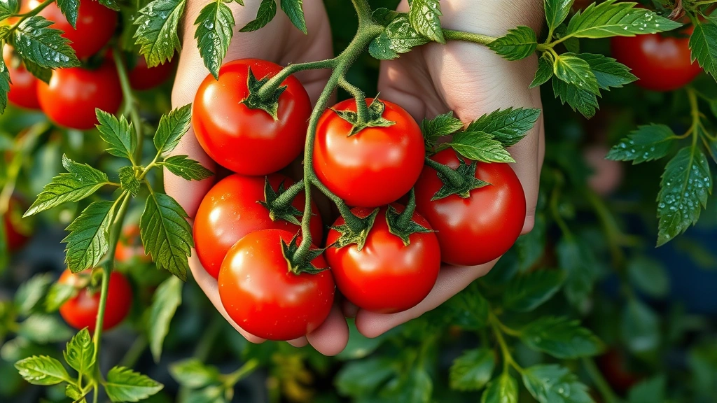 Close-up of hands harvesting ripe red tomatoes from a lush tomato plant with green foliage and water droplets on leaves in morning light