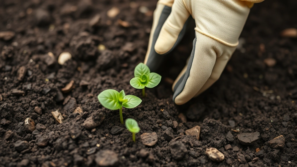 Close-up of hands checking soil moisture in garden bed, dark loamy soil texture, green seedling growth visible, gardening gloves, natural daylight