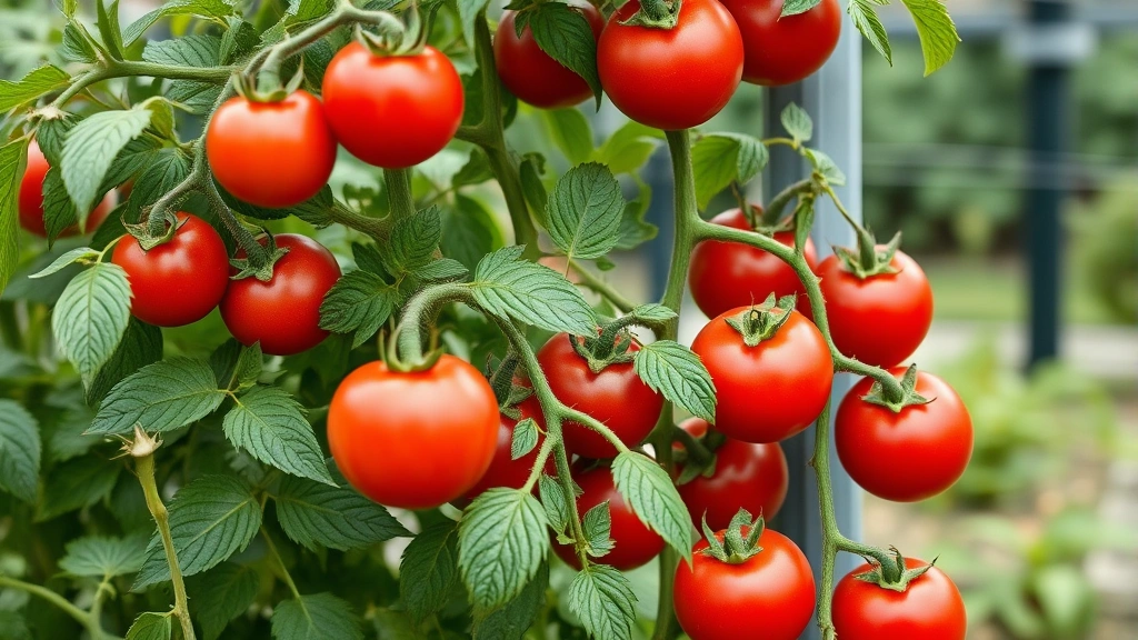 Close-up of thriving tomato plants with vibrant red fruits growing in compact vertical arrangement, dense green foliage showing excellent health, irrigation system in background