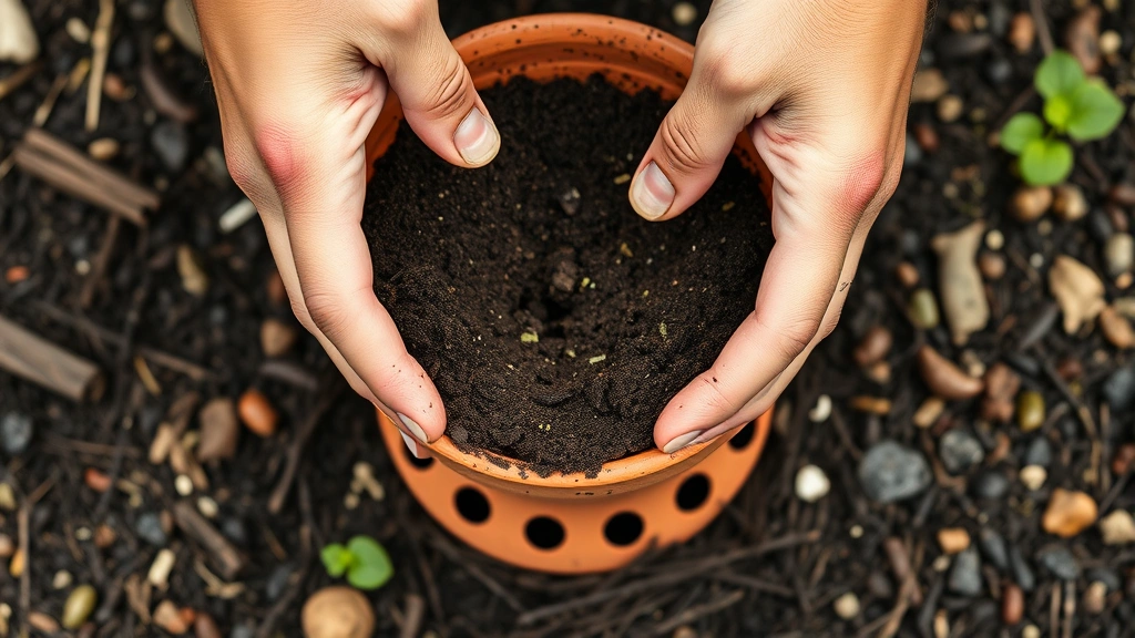 Close-up of hands checking soil moisture in a terracotta pot with drainage holes visible at the bottom surrounded by potting mix and compost