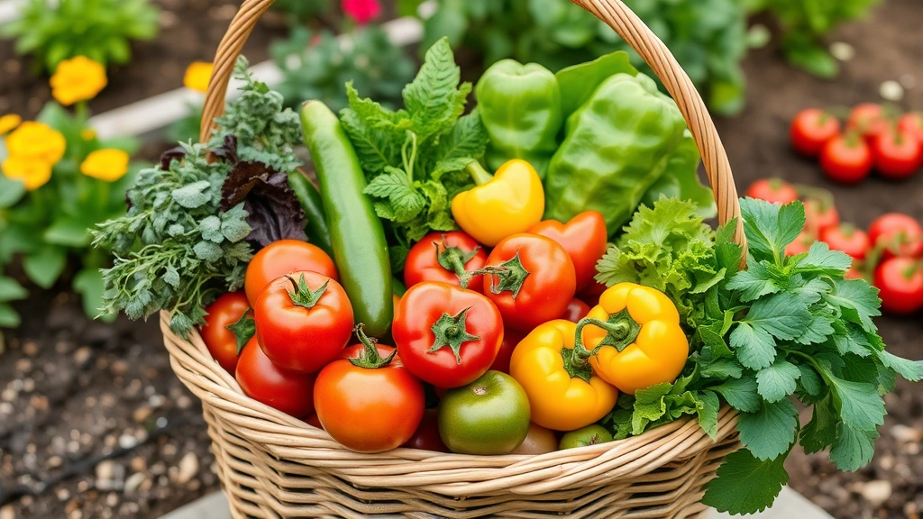 Garden harvest display with freshly picked vegetables including tomatoes, peppers, lettuce, and herbs in wicker basket on garden bed background