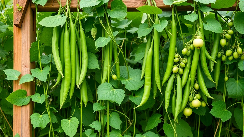 Vertical trellis system with climbing beans and peas producing abundant harvest, lush green foliage, wooden support structure, mature fruits hanging ready for picking