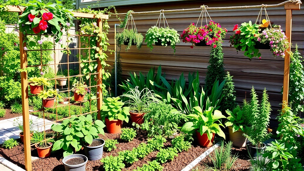 Vibrant mixed mog garden with vertical trellises supporting climbing plants, hanging baskets, container vegetables, and mulched beds, afternoon sunlight, thriving diverse plantings