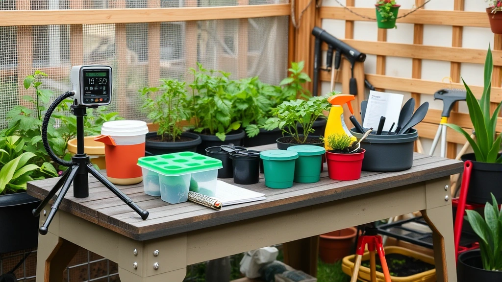 Professional garden workspace with monitoring equipment, soil testing kit, fertilizer containers, and garden journal arranged on potting bench, organized gardening tools nearby