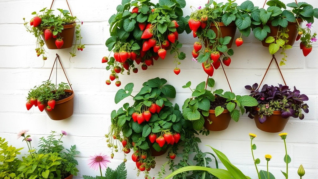 Vertical garden wall display with tiered hanging baskets and wall-mounted pocket planters overflowing with trailing strawberries herbs and flowering plants