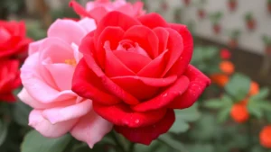 Close-up of vibrant red and pink hybrid tea roses in full bloom with perfect form, water droplets on petals, garden background slightly blurred
