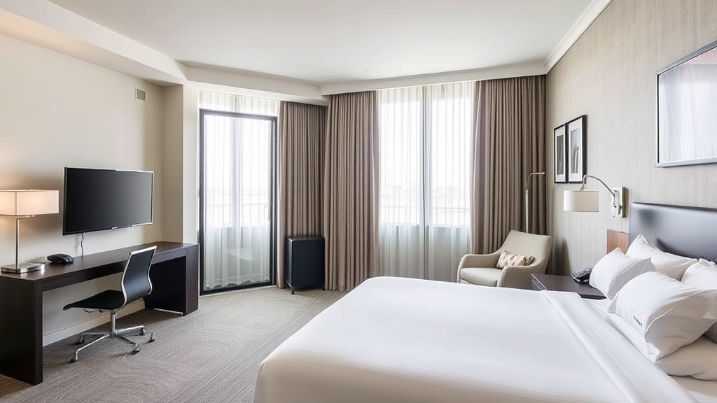 Modern hotel room with king bed, work desk, flat-screen TV, contemporary furnishings, neutral color palette, bright natural lighting from window